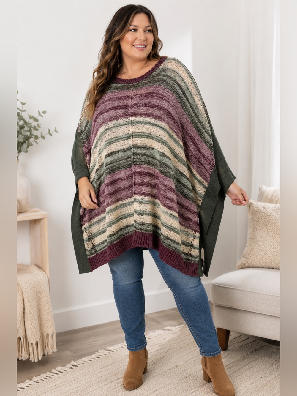 Two by Vince Camuto NWT 2X Striped Open Knit Poncho Sweater Plum Green Cream